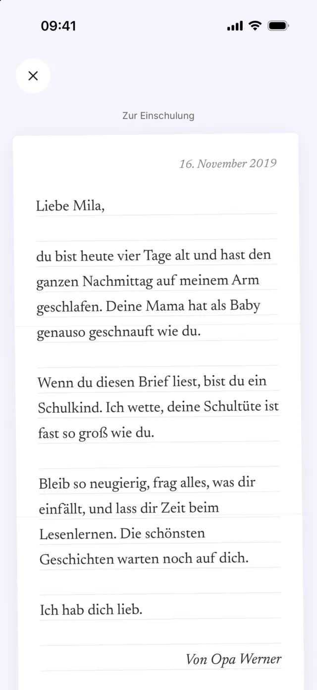Ein geöffneter Brief von Opa Werner zur Einschulung, geschrieben am 16. November 2019: „Liebe Mila, du bist heute vier Tage alt …“